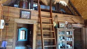 A rustic cabin with a loft bedroom, a wooden ladder, a small kitchenette, and a collection of books and decorative items. - Awesome private off grid cabin with creek view. (Onancock)