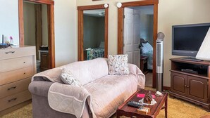Una sala de estar con un sofá, televisor, calentador y cómoda.
