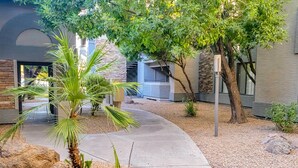 A modern building with a concrete pathway, palm trees, and a stone wall. - Walkable Location: Phoenix Apt w/ Pool Access! (Phoenix)