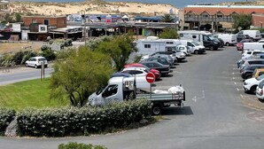 A parking lot with RVs and cars, a no entry sign, and buildings in the background. - Seignosse Ocean, beautiful apartment with SEA VIEW, close to the beach and town center, sleeps 4 (SEIGNOSSE)