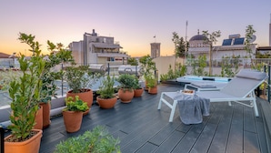 A rooftop terrace with potted plants, a lounge chair, and a view of buildings and a dome structure.