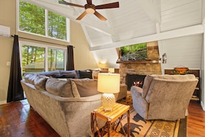 Smart TV, fireplace, books, stereo