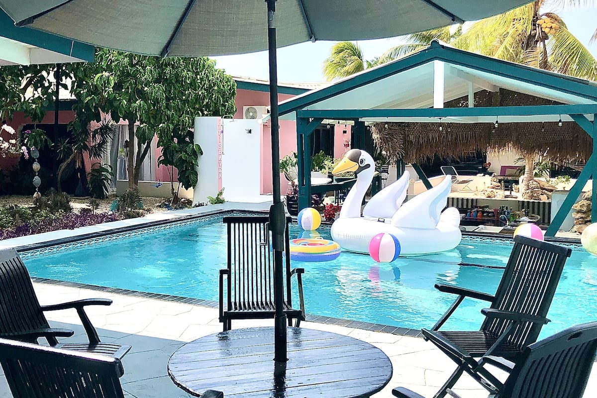 outdoor pool, pool loungers