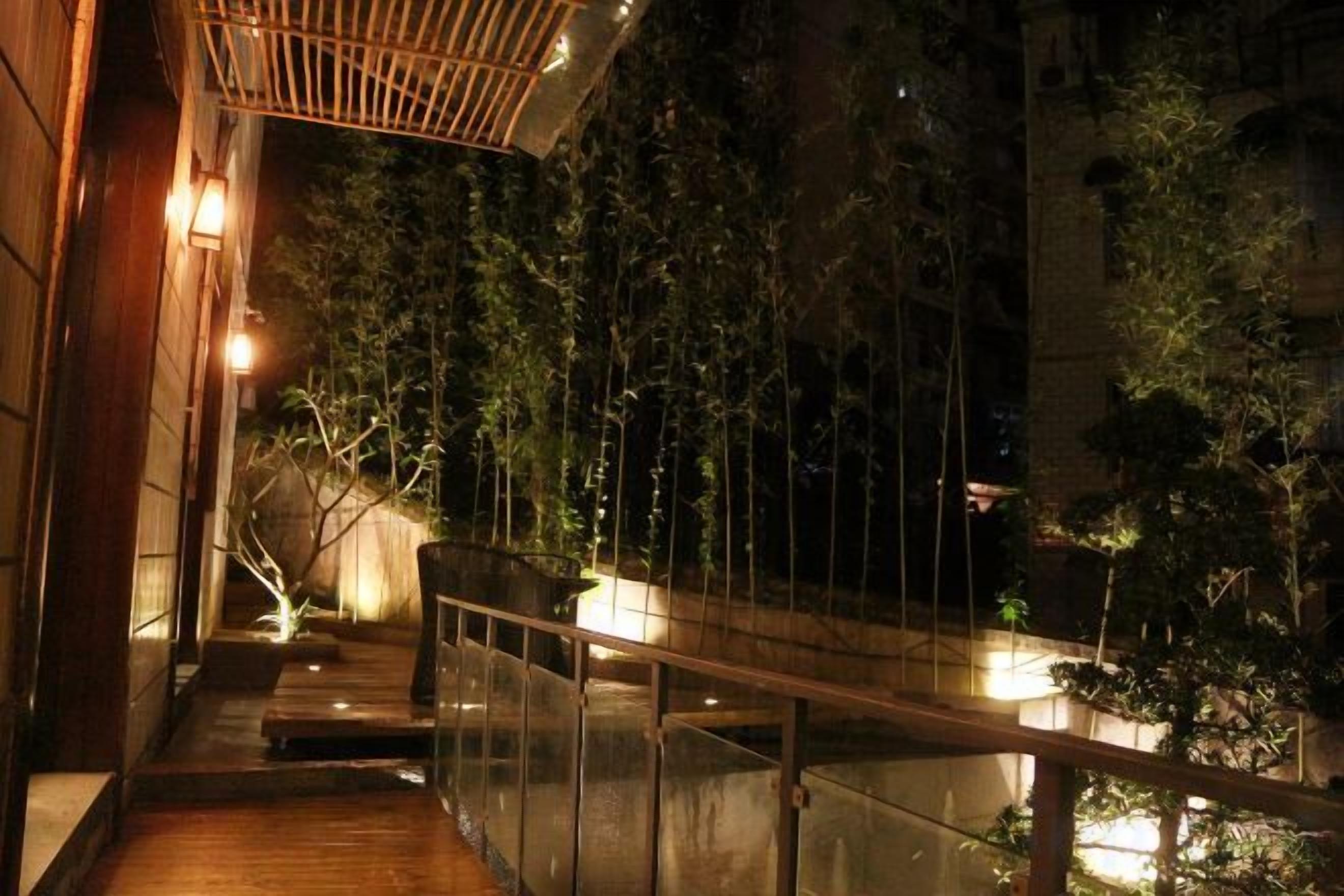 A nighttime outdoor area with a wooden walkway, glass railing, and illuminated plants.