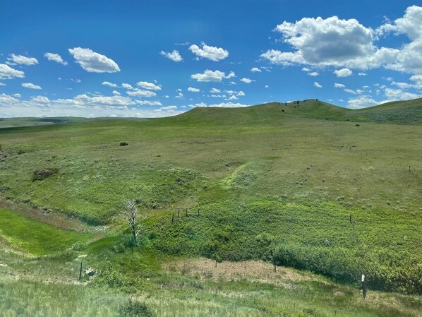 A vast, open landscape with rolling hills and sparse vegetation.