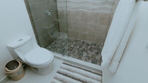 A bathroom with a toilet, shower, and glass door. - Havana jacó (Jacó)