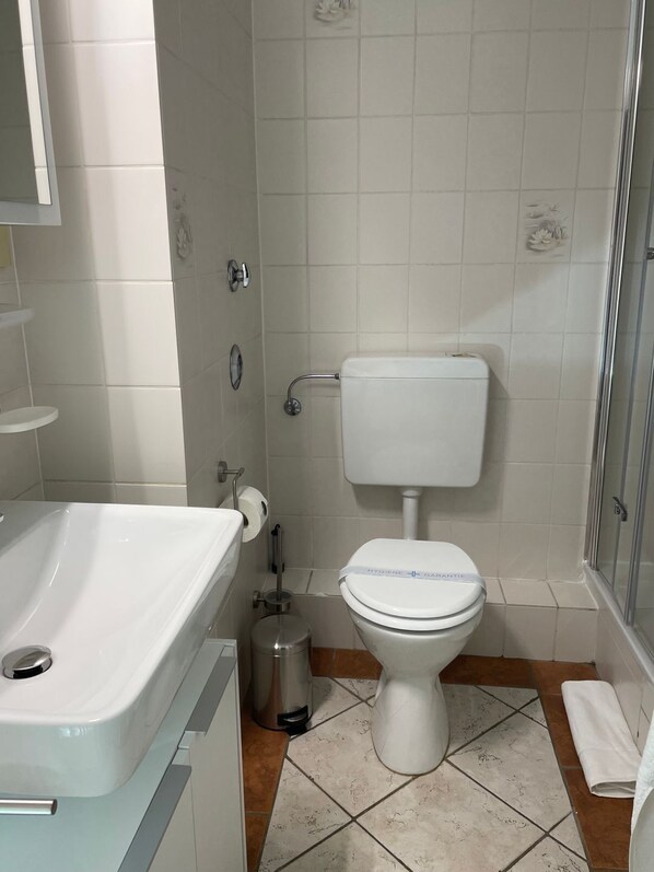 A bathroom with a toilet, bidet, and a shower area.