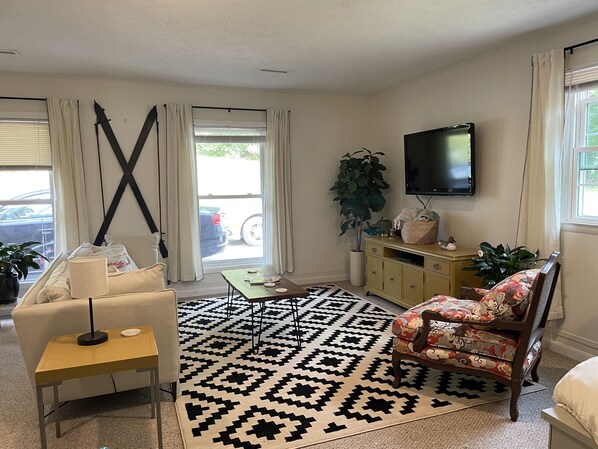 Smart TV, DVD player, books, video library