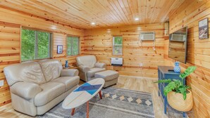 Interior de uma cabana de toras com um sofá de couro bege, uma mesinha de centro e um tapete com padrão azul e branco. Há duas unidades de ar condicionado fixadas nas paredes, uma mesinha lateral azul com uma planta e um quadro na parede.