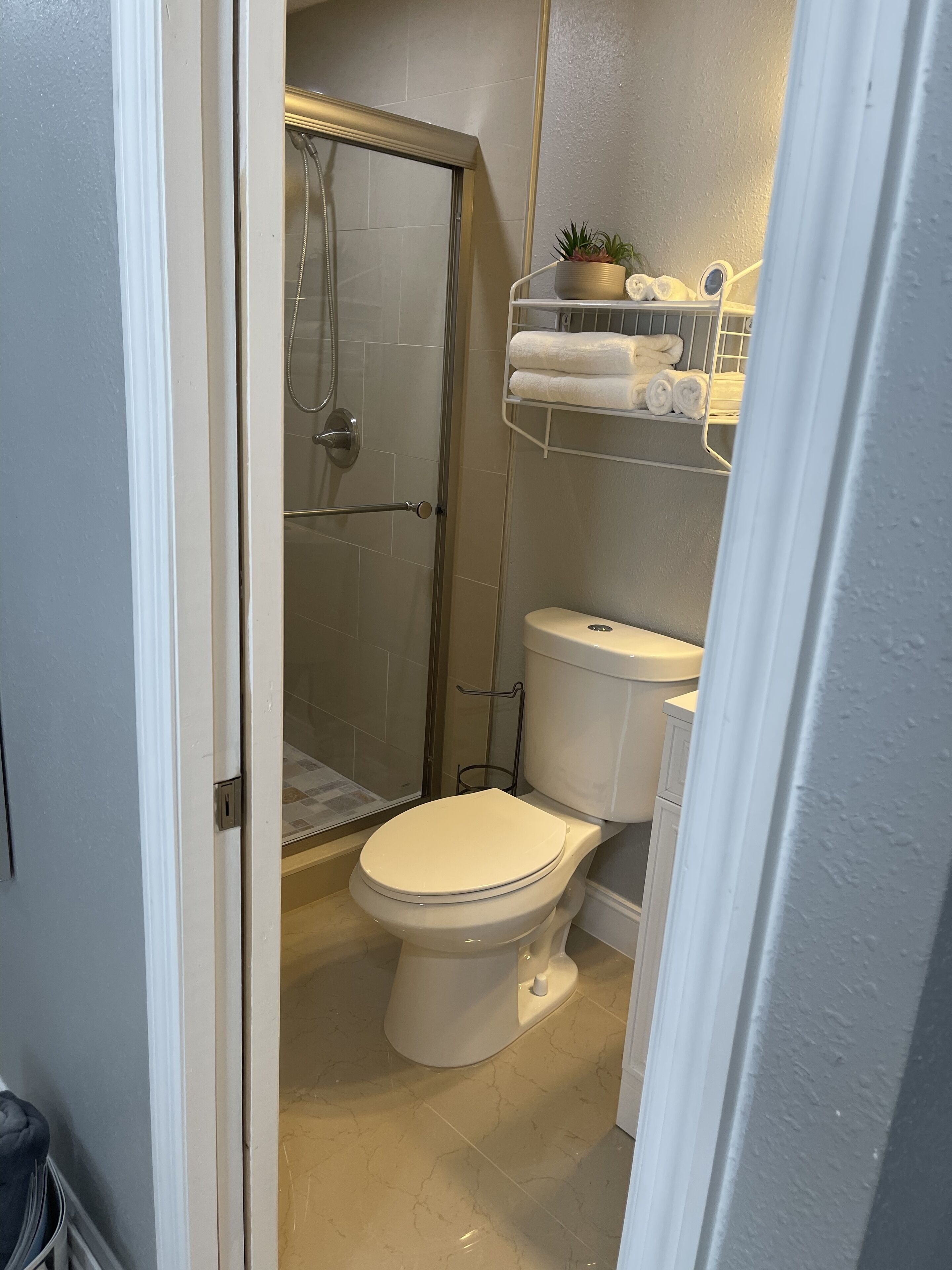 Shower, hair dryer, soap, toilet paper