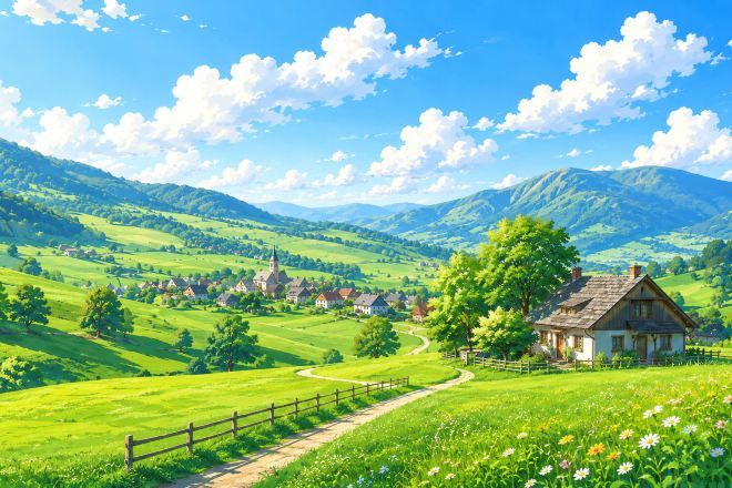A rural landscape with a house on a hill, surrounded by fields and a clear sky.