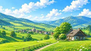 A rural landscape with a house on a hill, surrounded by fields and a clear sky.