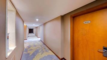 A hotel corridor with a carpeted floor, a wooden door with a number, and a window on the left.