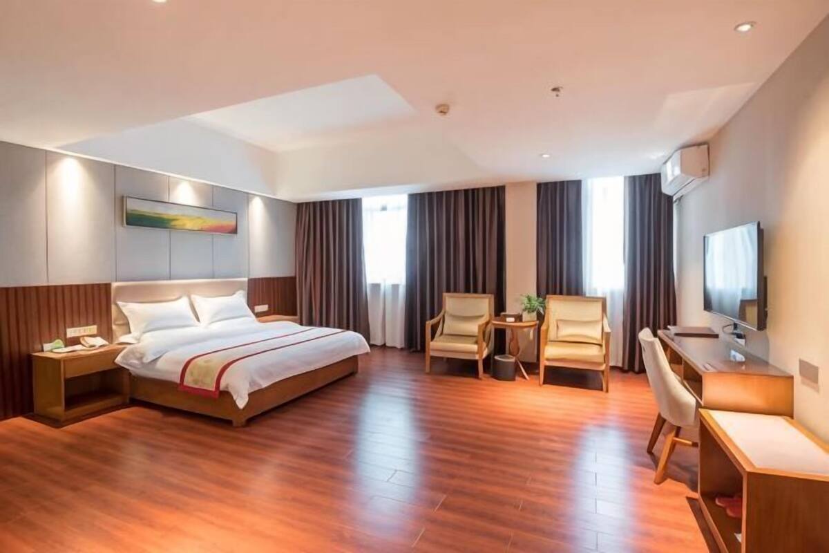 A hotel room with a large bed, a desk, a chair, a TV, and a small table with a plant.