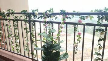 Un balcon avec une balustrade en métal, des plantes en pot et des fleurs suspendues.