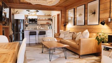 Smart TV, lareira, livros, biblioteca musical