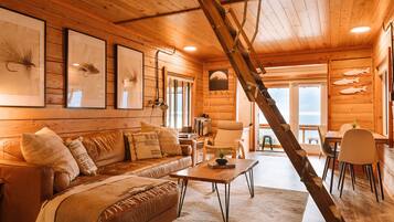 Smart TV, chimenea, libros y biblioteca musical