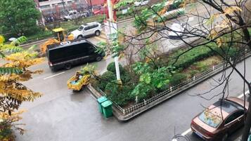 A street scene with vehicles, a bicycle, and a green trash bin.
