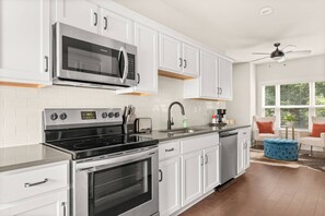 Fridge, microwave, dishwasher, coffee/tea maker