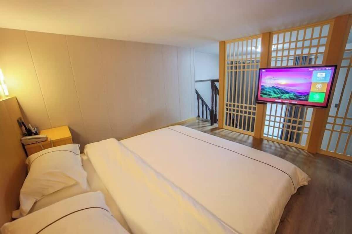 Una habitación de hotel con cama, televisor en la pared y un separador de madera.