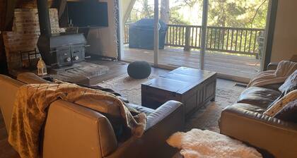 Private cabin in a small mountain town surrounded by pine trees. Snow getaway