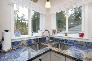 Kitchen with double sink and window offering a view of trees and a house.