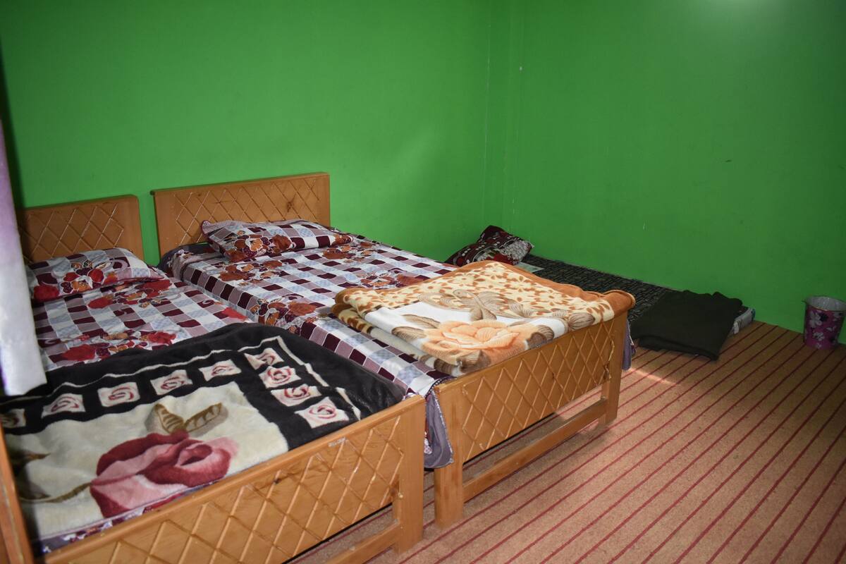 A room with two wooden beds, green walls, and striped carpet.
