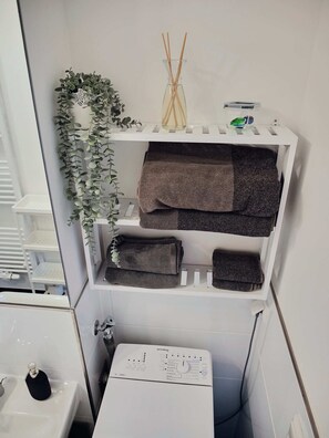 Bathroom features a sink, toilet, and a shelf with a plant and diffusers.