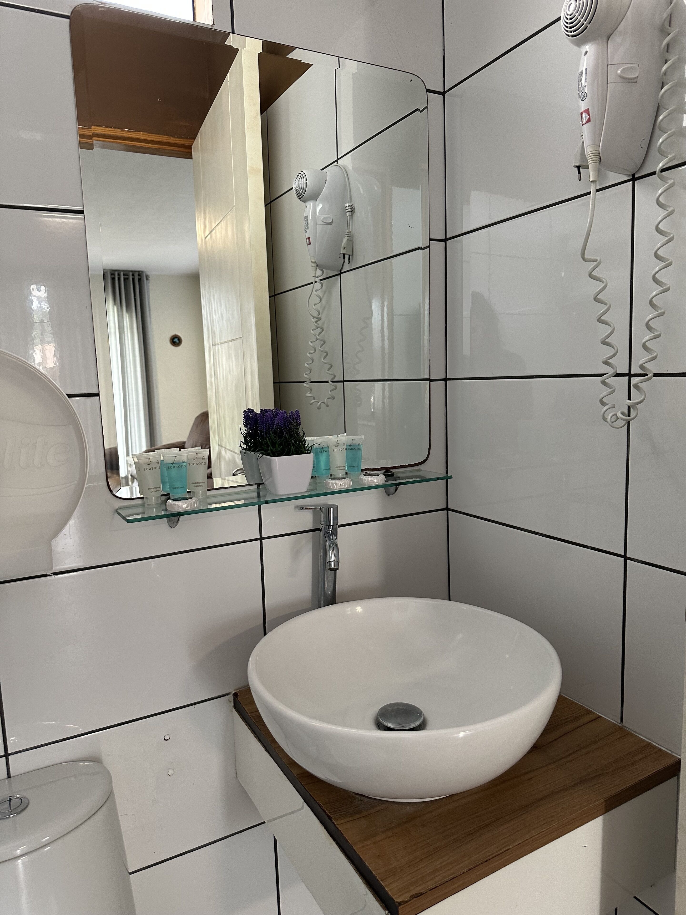 Un baño con un lavamanos blanco, un estante de vidrio con artículos de aseo, un secador de pelo y un espejo.