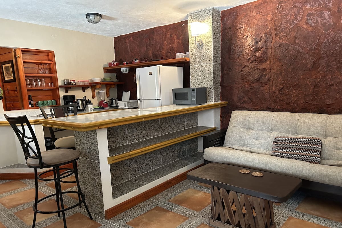A compact living space with a kitchen area, a dining table, and a sofa.