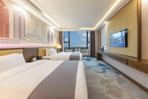 A hotel room with two beds, a TV, a desk, and a cityscape view. - Chongqing Tongcheng Zhiguang Hotel (Tongnan Branch) (Chongqing)