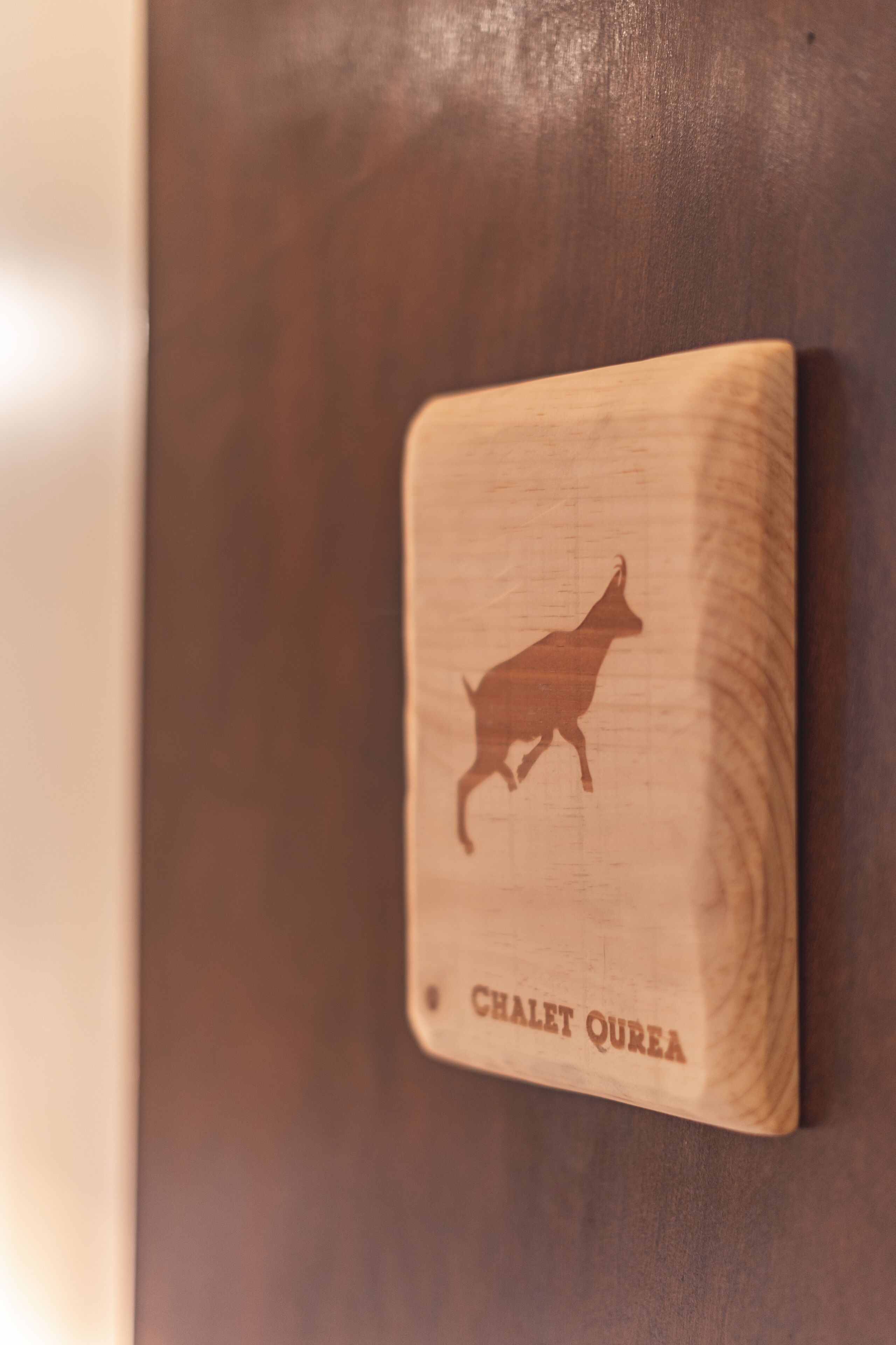 Una targa di legno con la sagoma di un cane e la scritta "CHALET QUEUA" su una superficie di legno scura.
