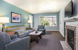 Smart TV, fireplace, video games, DVD player