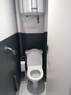 Shower, hair dryer, towels, toilet paper
