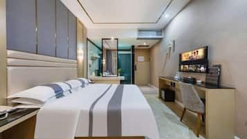 Desk, blackout drapes, bed sheets