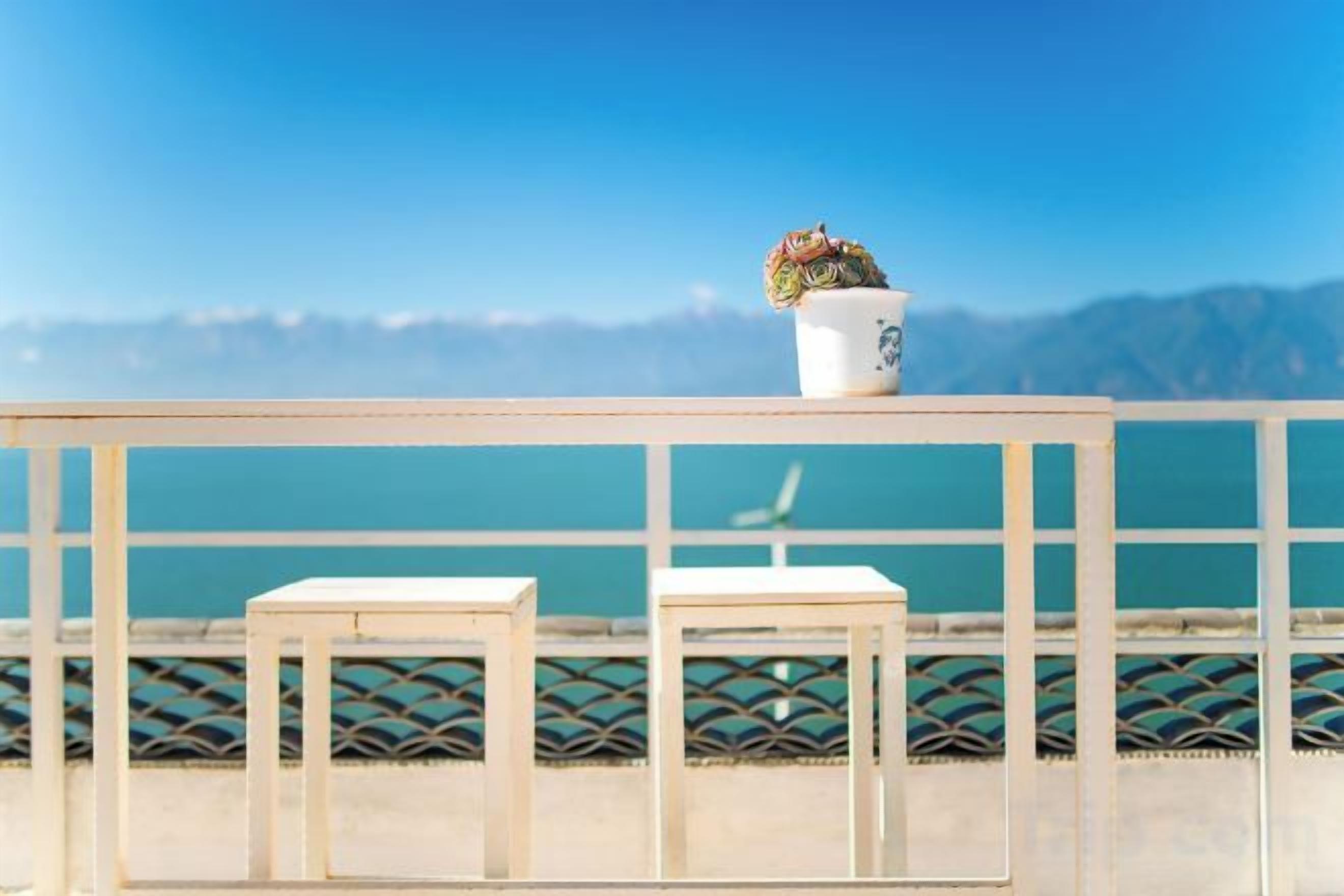 A balcony with a white railing, two white chairs, and a potted plant.