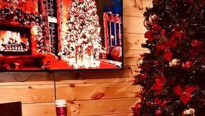 A wooden interior with a television displaying a Christmas scene, a bottle of Glenlivet whisky, and a large sausage.