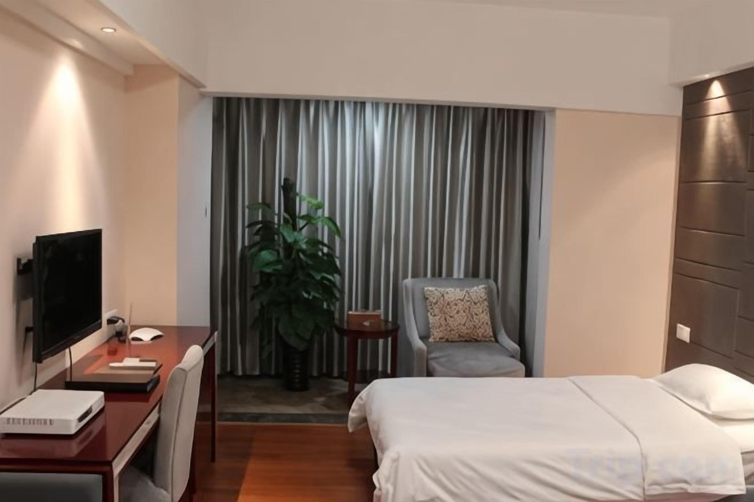 Een hotelkamer met een bed, een bureau met een televisie, een stoel, een grote plant en een gordijn.