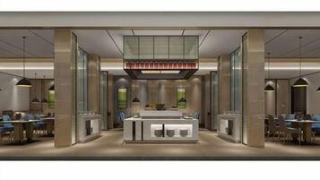 Een moderne hotellobby met een centraal gelegen receptiebalie, zithoeken en een groot raam.