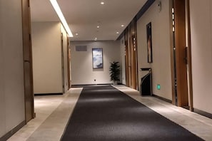 Un couloir d’hôtel avec un sol recouvert de moquette, des portes en bois et un tableau encadré accroché au mur.