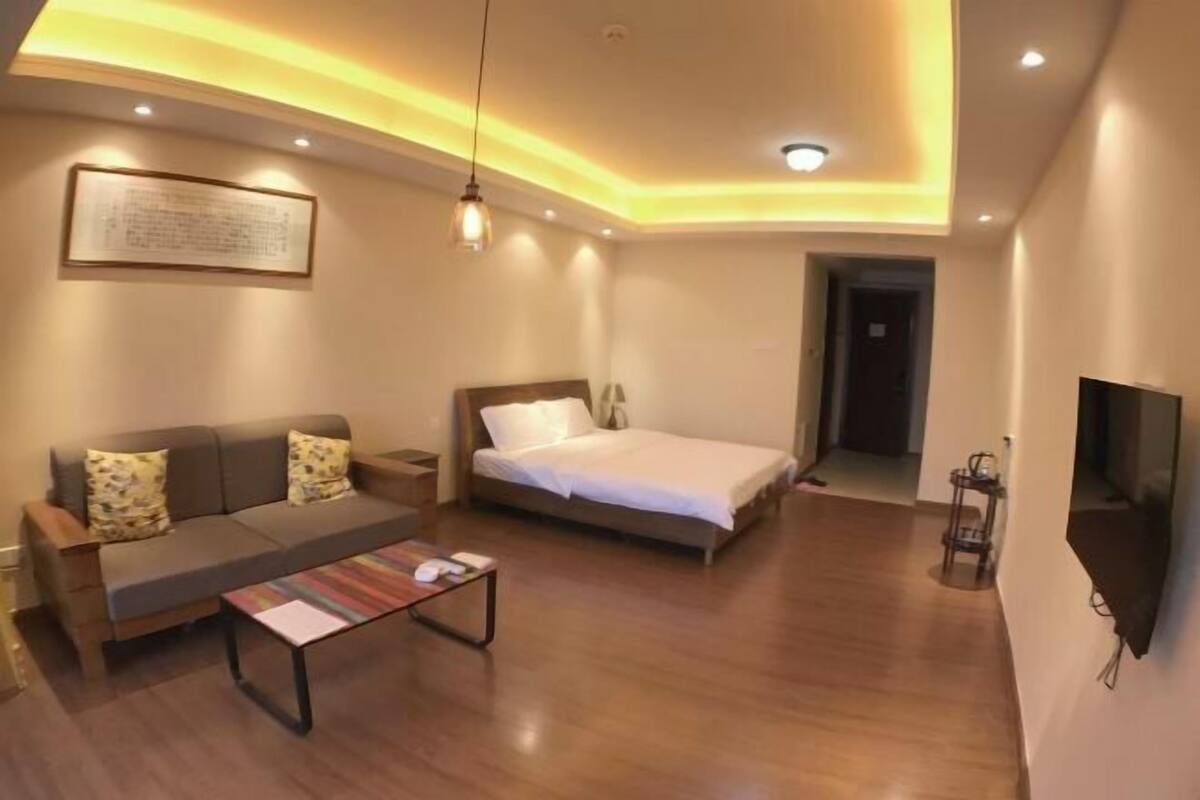 A modern bedroom with a sofa, a bed, a flat-screen TV, and a ceiling light fixture.