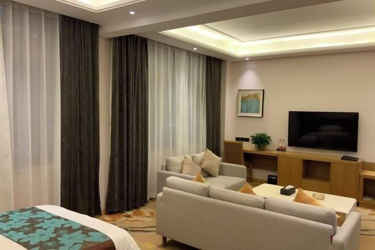 Una habitación de hotel con cama, sofá, televisor y escritorio.