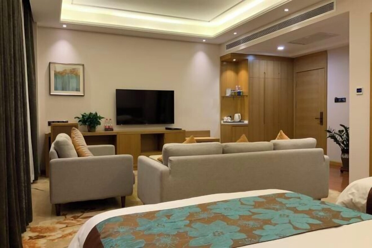 A hotel room with a bed, two sofas, a TV, and a desk with a plant.