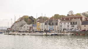 Un port où des bateaux sont amarrés, avec des bâtiments colorés en arrière-plan.