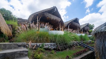Traditional thatched-roof huts with a stone pathway leading to them.