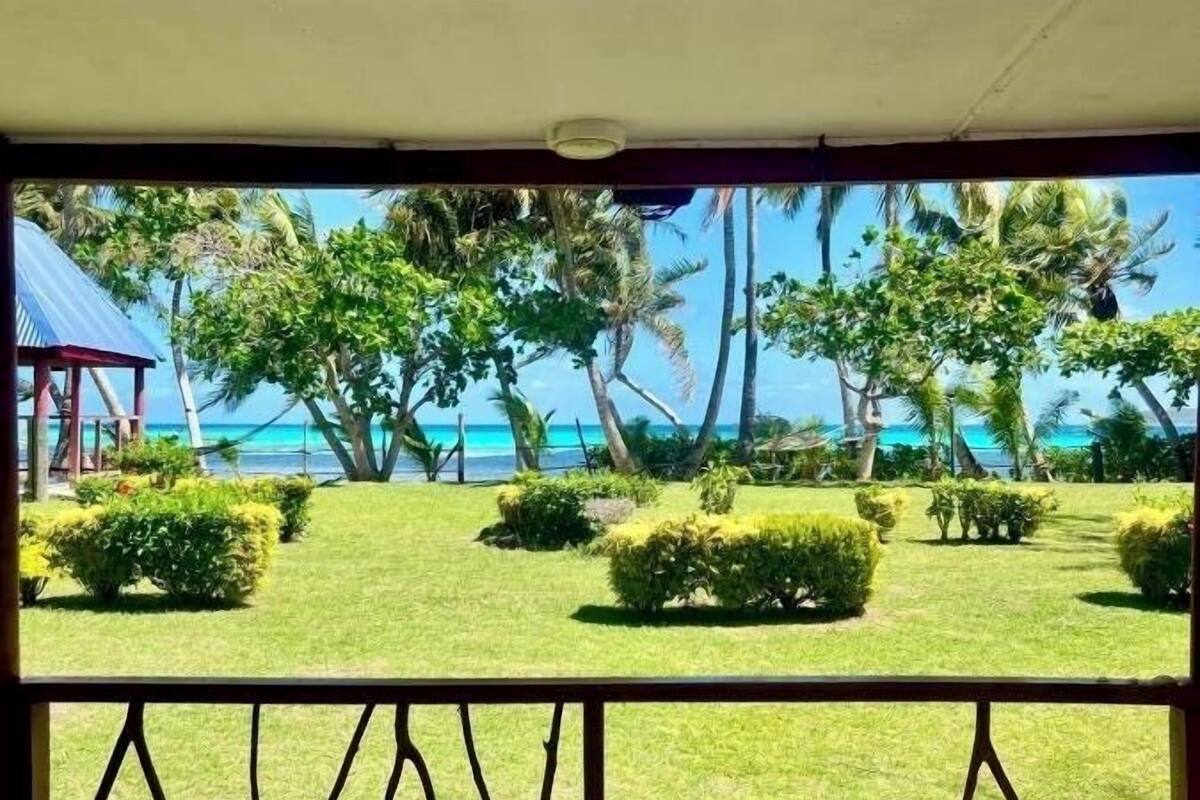 A covered outdoor area with a view of a grassy lawn, palm trees, and a body of water.