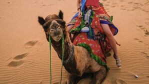 A person riding a camel in a desert with sand dunes in the background. - Barna Desert Camp (Jaisalmer)