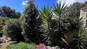 A garden with a variety of plants and flowers, including purple and white blooms, and a clear blue sky. - Villa Casa Margarita with sea view (Alcudia)