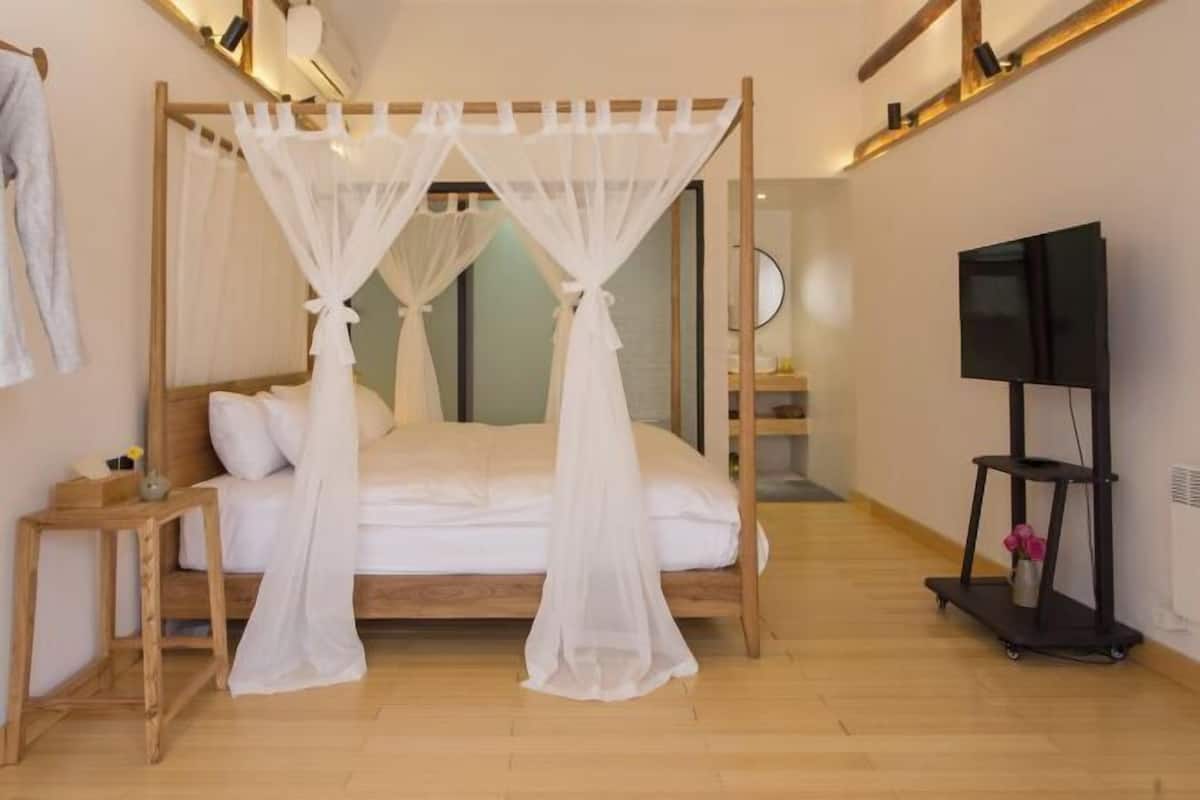 A bedroom with a wooden bed, white canopy, bedside table, TV stand, and a mirror.