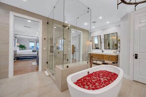 Combined shower/tub, hair dryer, towels